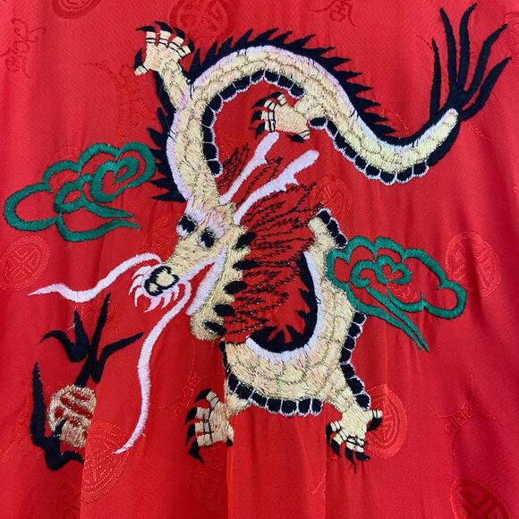 Vintage 70s Boho Red Silk Embroidered Dragon Unisex Kimono Robe Size M - Picture 8 of 15